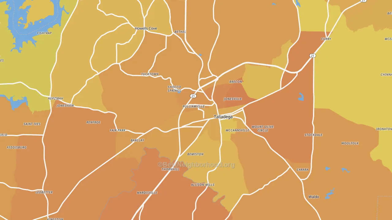 Map of the best neighborhoods in the 35160 area, with better matches in green and worse matches in red