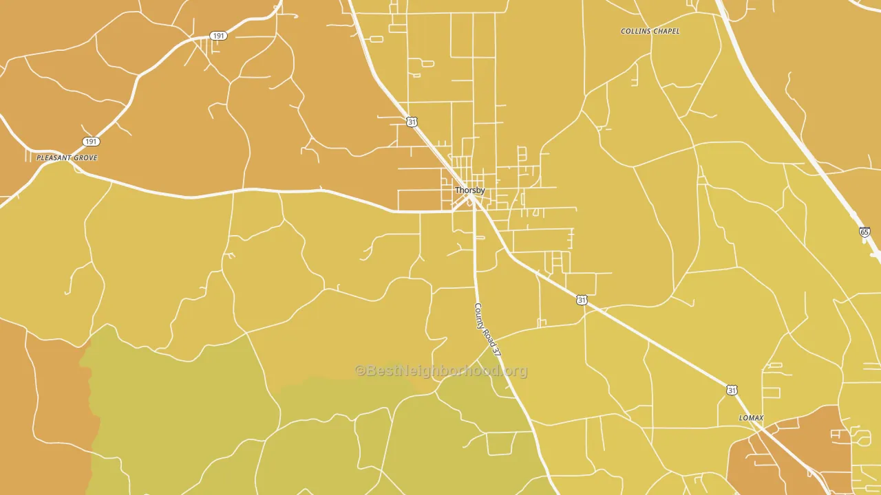 Map of the best neighborhoods in the 35171 area, with better matches in green and worse matches in red