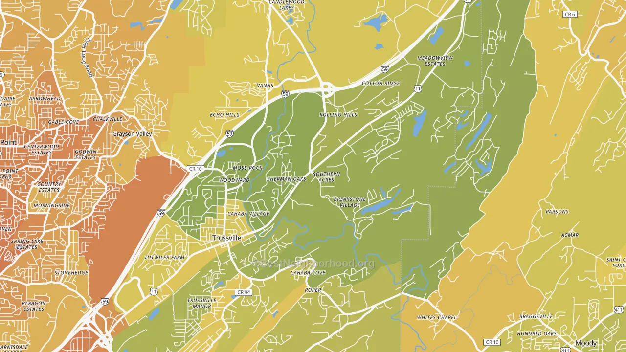 Map of the best neighborhoods in the 35173 area, with better matches in green and worse matches in red