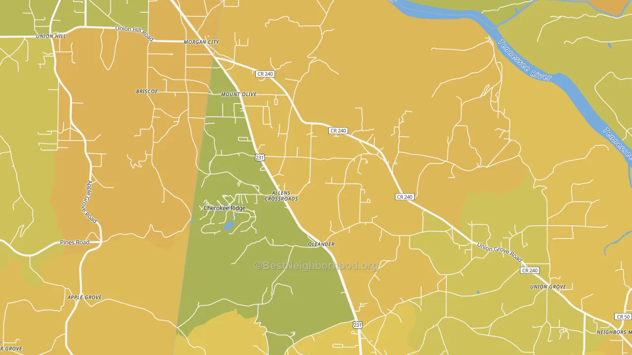 Map of the best neighborhoods in the 35175 area, with better matches in green and worse matches in red