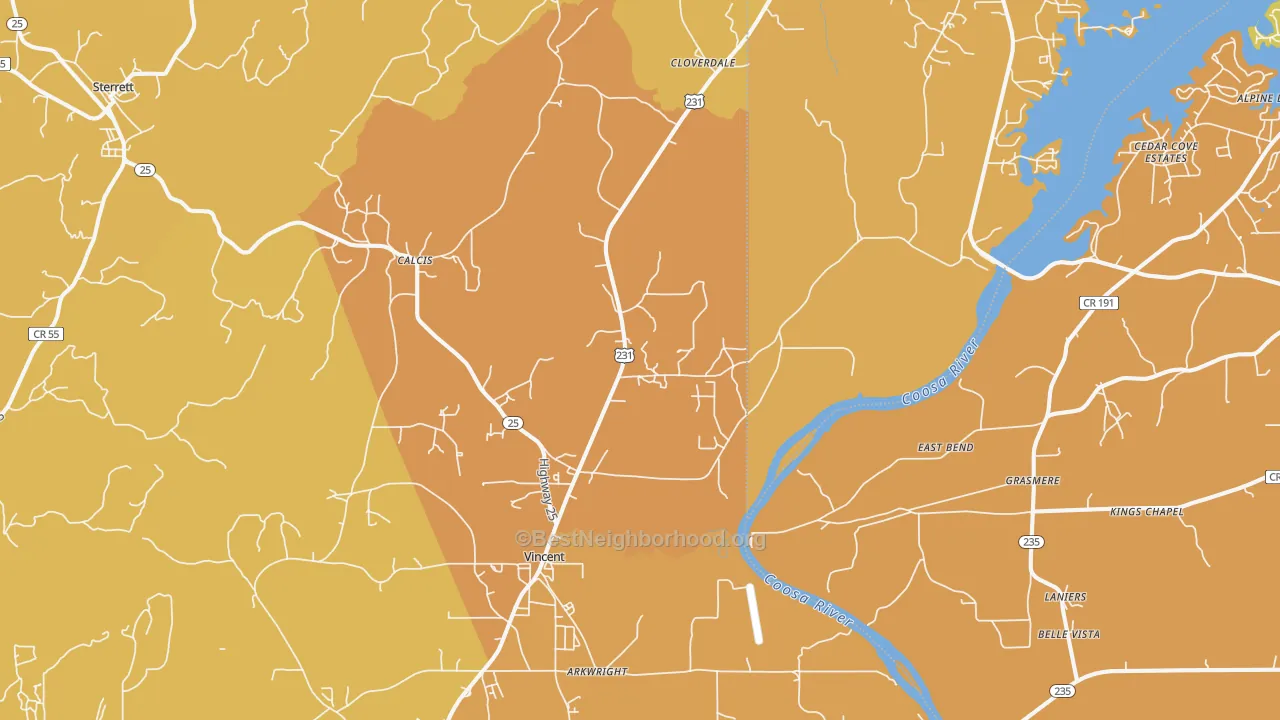 Map of the best neighborhoods in the 35178 area, with better matches in green and worse matches in red