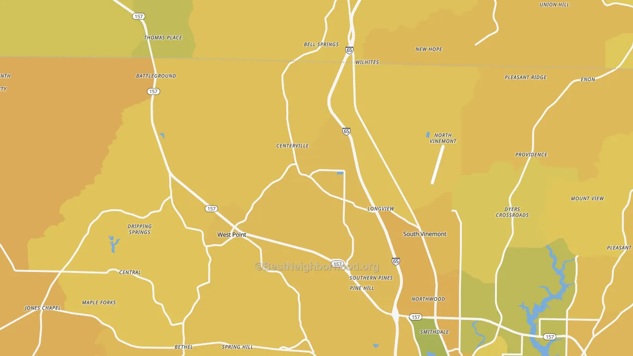 Map of the best neighborhoods in the 35179 area, with better matches in green and worse matches in red