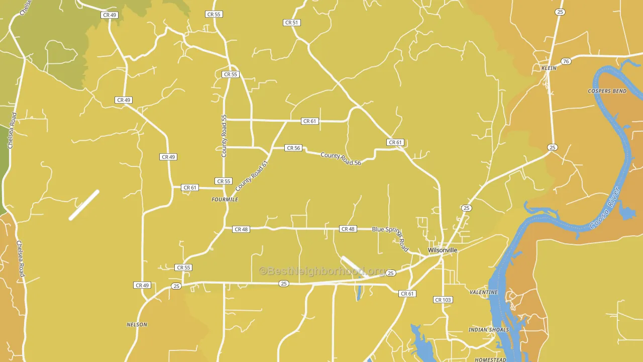 Map of the best neighborhoods in the 35186 area, with better matches in green and worse matches in red
