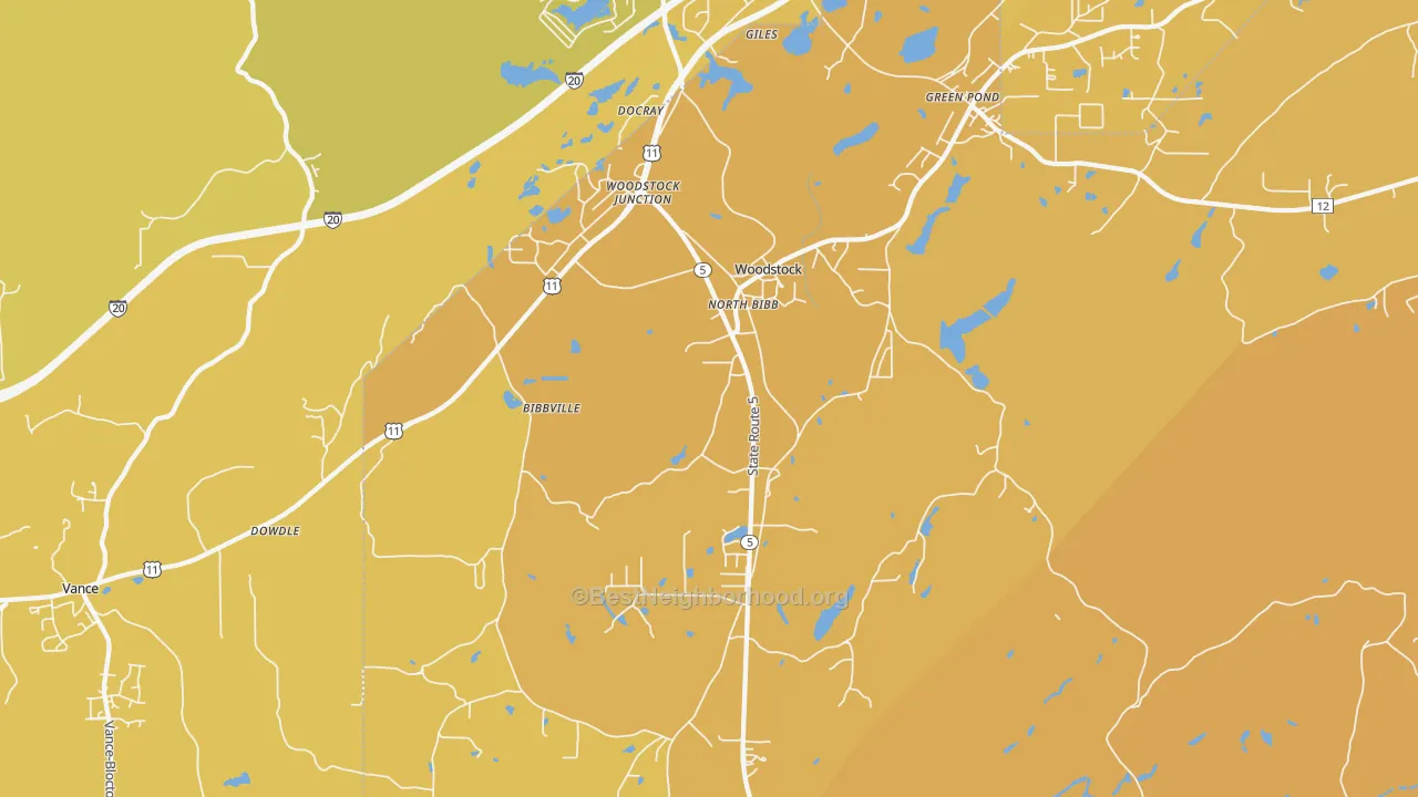 Map of the best neighborhoods in the 35188 area, with better matches in green and worse matches in red