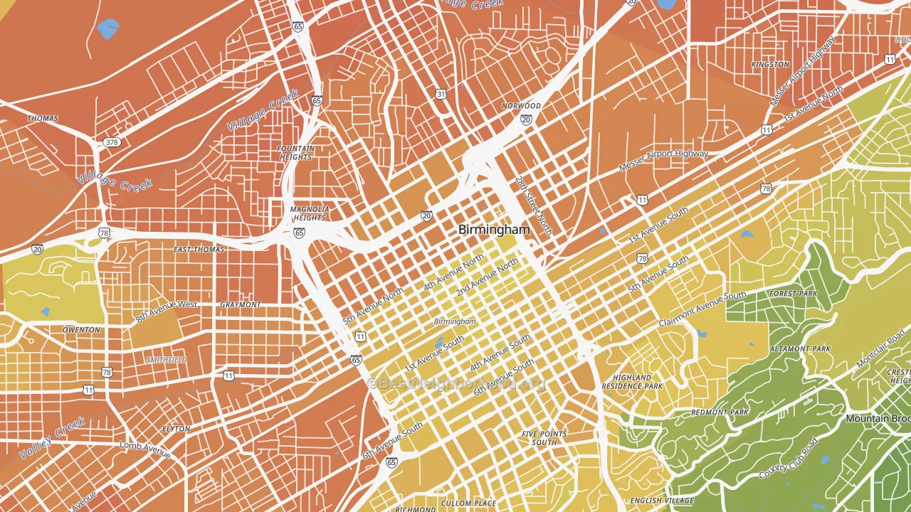 Map of the best neighborhoods in the 35203 area, with better matches in green and worse matches in red