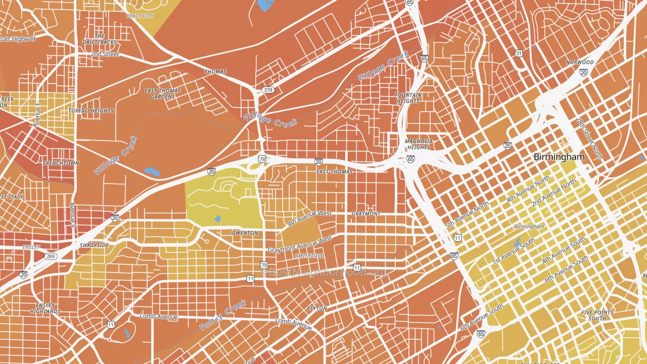 Map of the best neighborhoods in the 35204 area, with better matches in green and worse matches in red