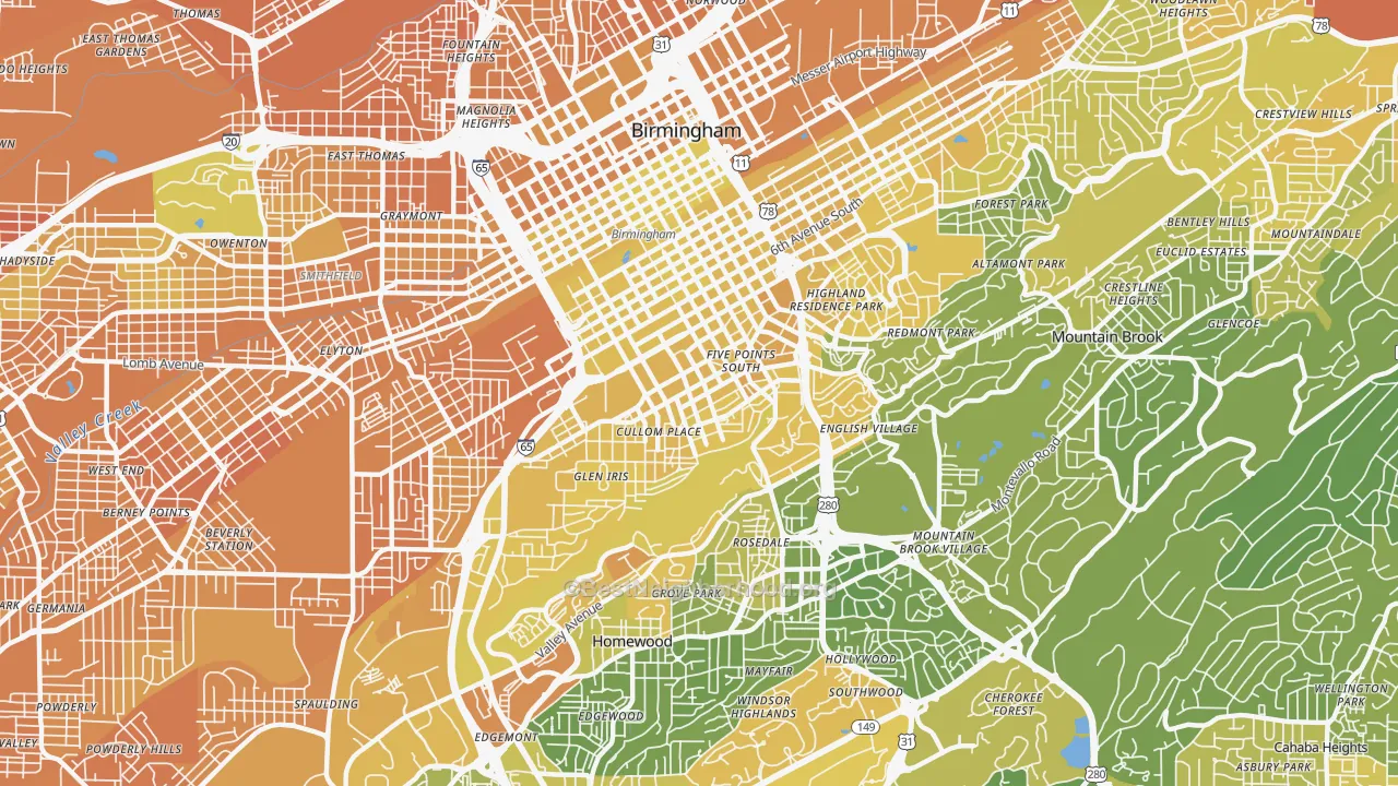 Map of the best neighborhoods in the 35205 area, with better matches in green and worse matches in red