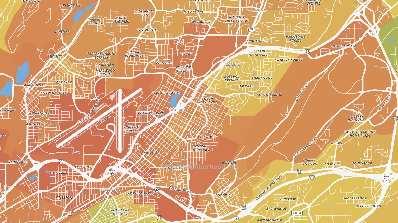 Map of the best neighborhoods in the 35206 area, with better matches in green and worse matches in red