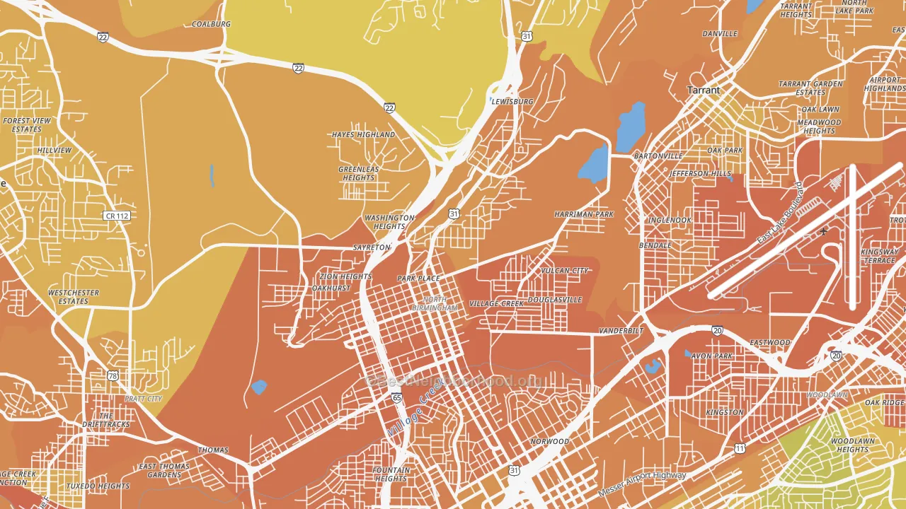 Map of the best neighborhoods in the 35207 area, with better matches in green and worse matches in red
