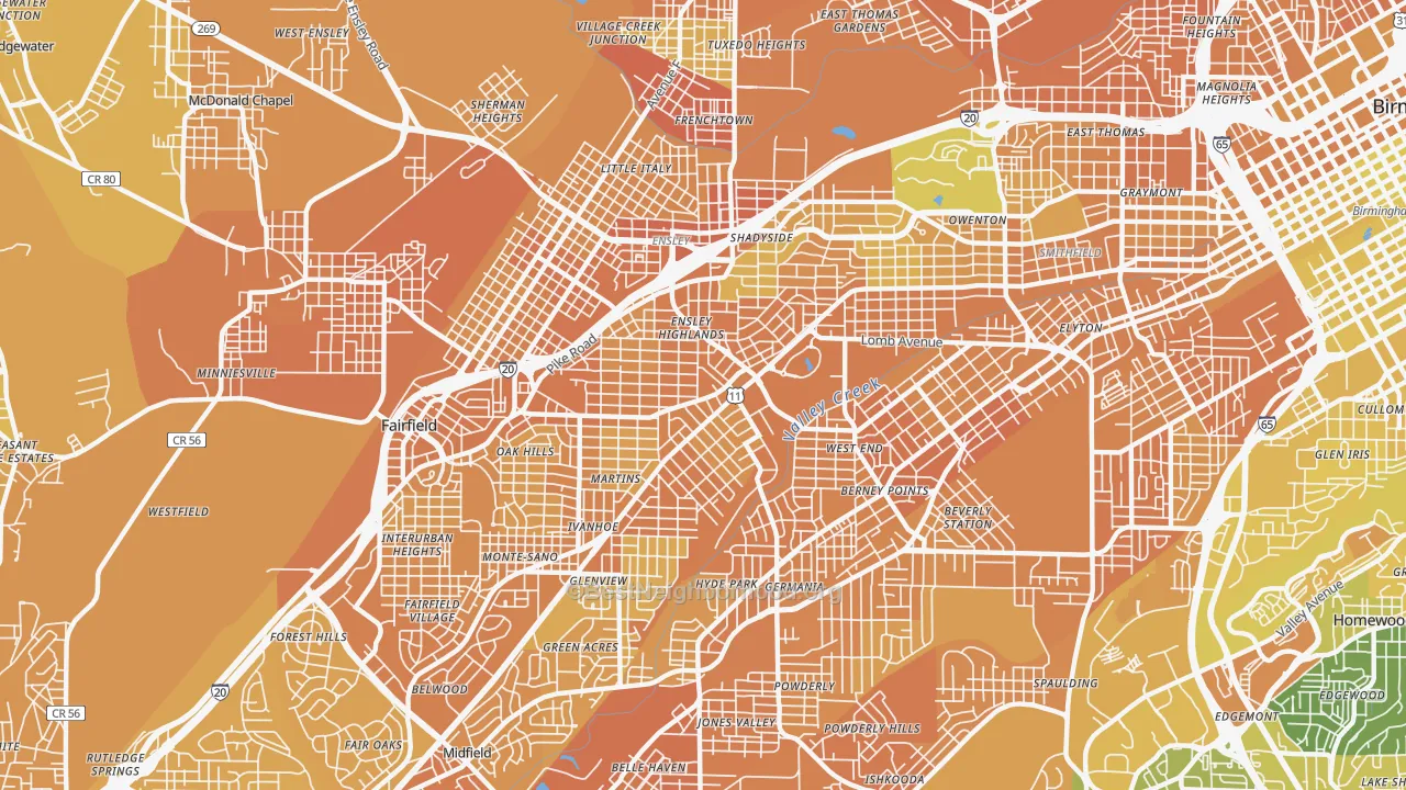 Map of the best neighborhoods in the 35208 area, with better matches in green and worse matches in red