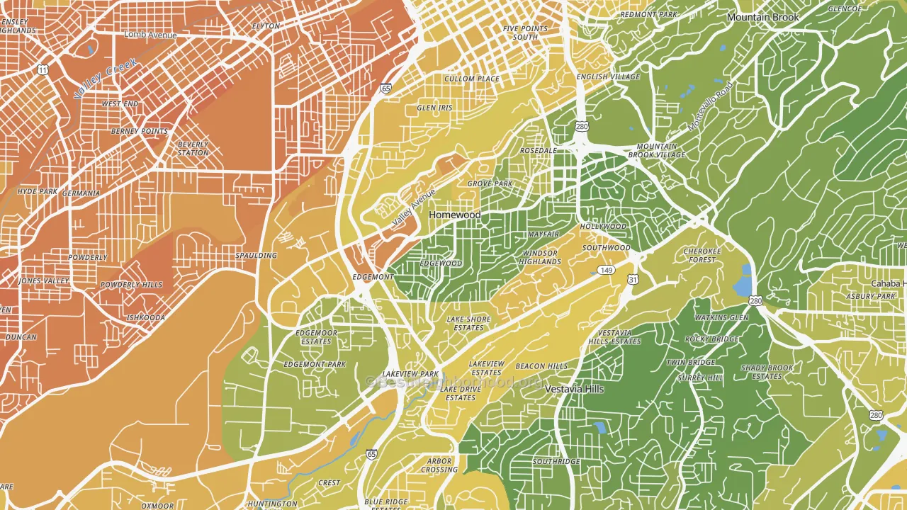 Map of the best neighborhoods in the 35209 area, with better matches in green and worse matches in red