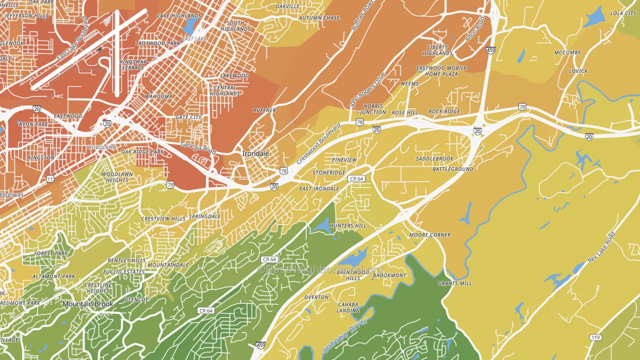 Map of the best neighborhoods in the 35210 area, with better matches in green and worse matches in red