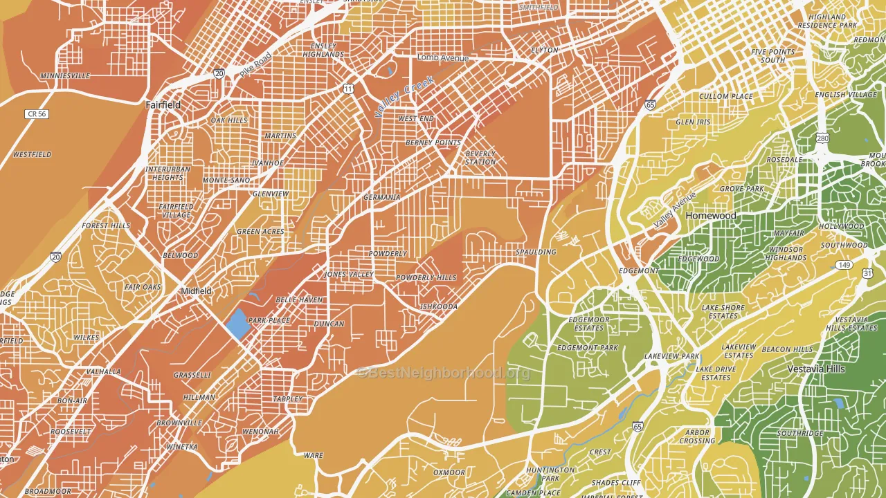 Map of the best neighborhoods in the 35211 area, with better matches in green and worse matches in red