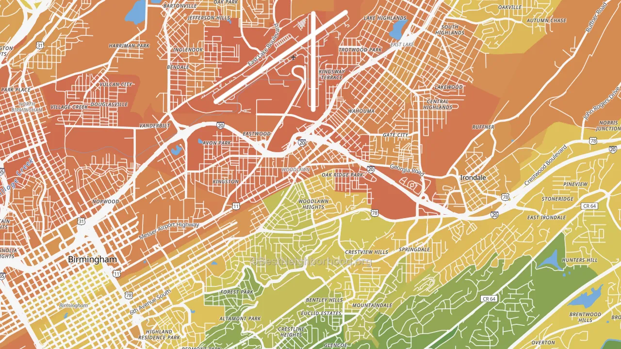 Map of the best neighborhoods in the 35212 area, with better matches in green and worse matches in red