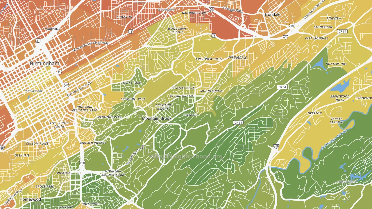 Map of the best neighborhoods in the 35213 area, with better matches in green and worse matches in red