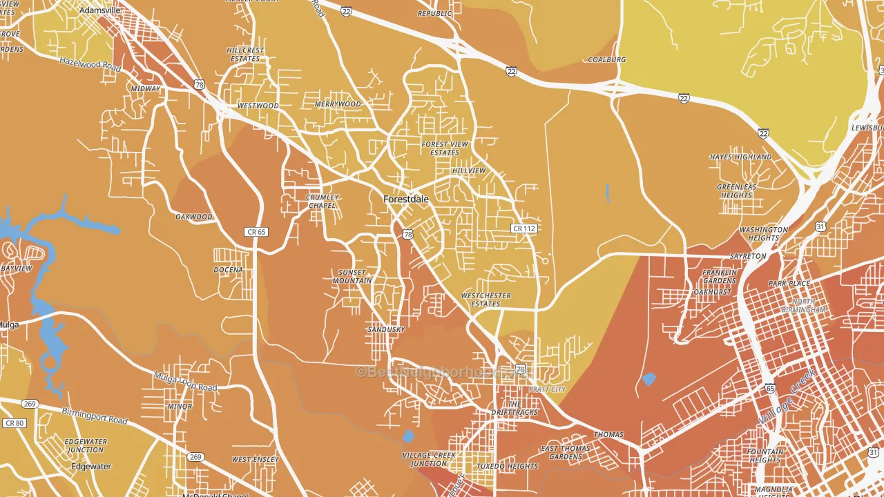 Map of the best neighborhoods in the 35214 area, with better matches in green and worse matches in red
