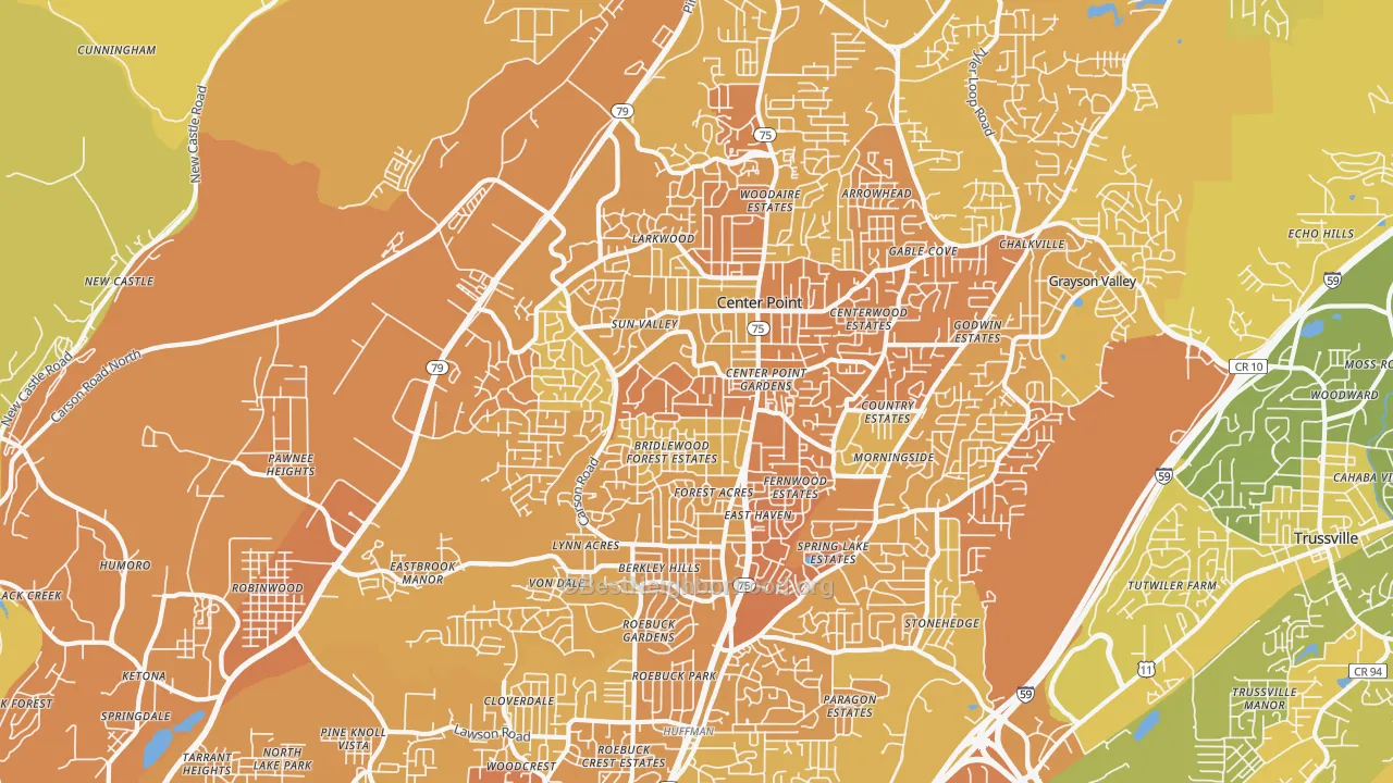 Map of the best neighborhoods in the 35215 area, with better matches in green and worse matches in red