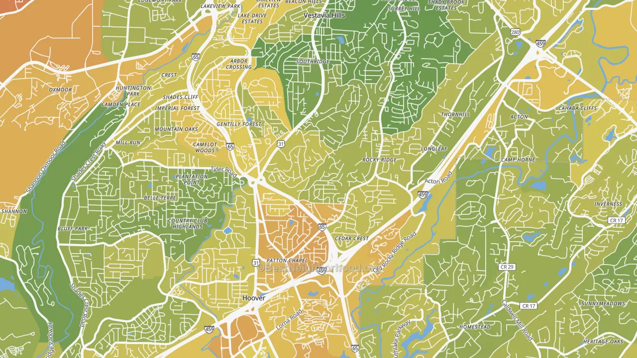 Map of the best neighborhoods in the 35216 area, with better matches in green and worse matches in red