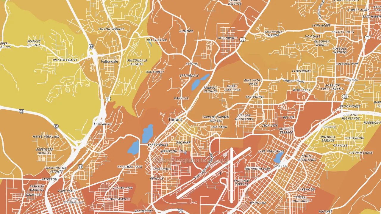Map of the best neighborhoods in the 35217 area, with better matches in green and worse matches in red