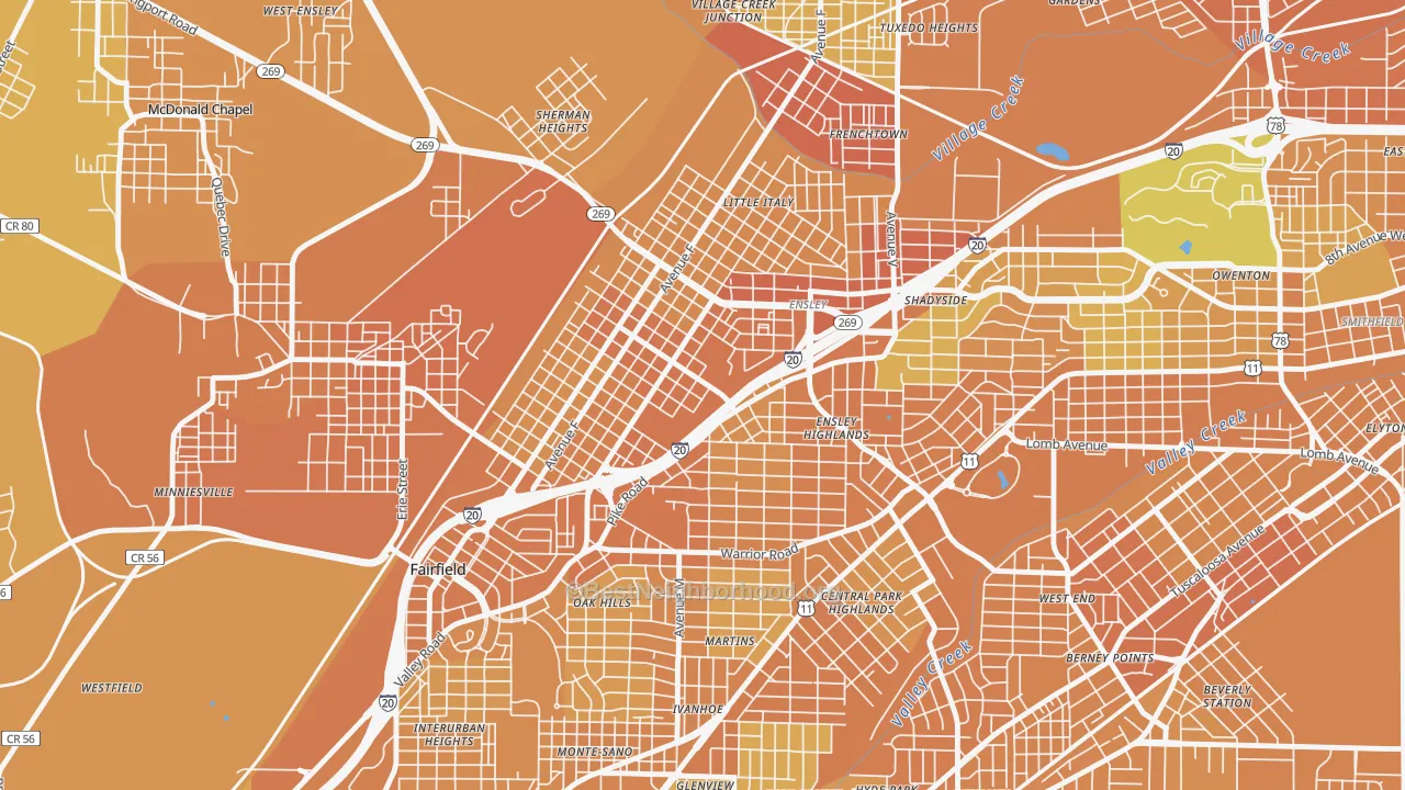 Map of the best neighborhoods in the 35218 area, with better matches in green and worse matches in red