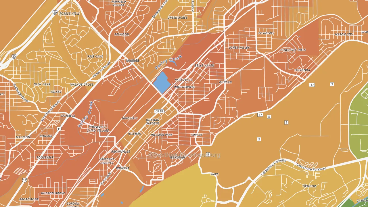 Map of the best neighborhoods in the 35221 area, with better matches in green and worse matches in red