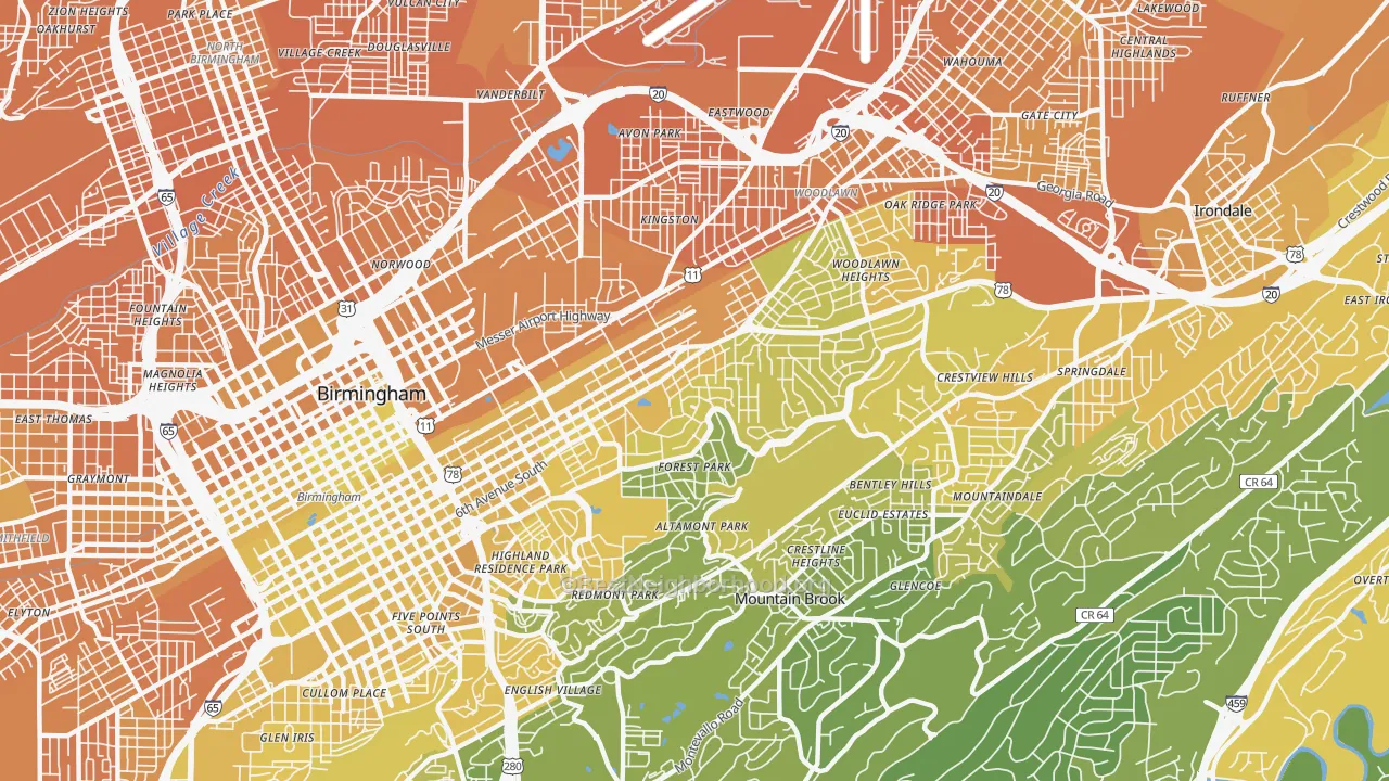 Map of the best neighborhoods in the 35222 area, with better matches in green and worse matches in red