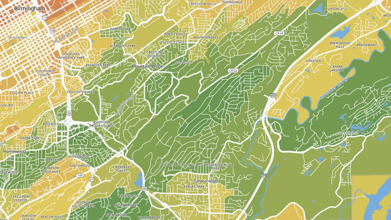 Map of the best neighborhoods in the 35223 area, with better matches in green and worse matches in red