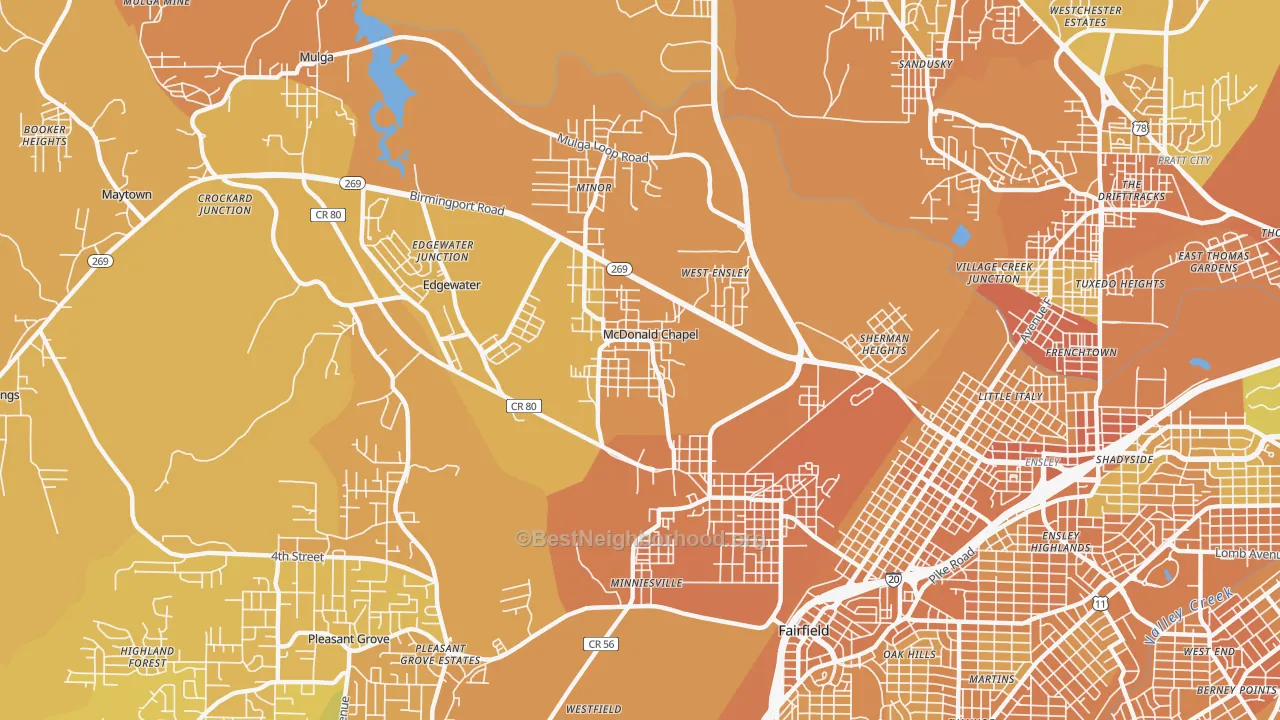 Map of the best neighborhoods in the 35224 area, with better matches in green and worse matches in red