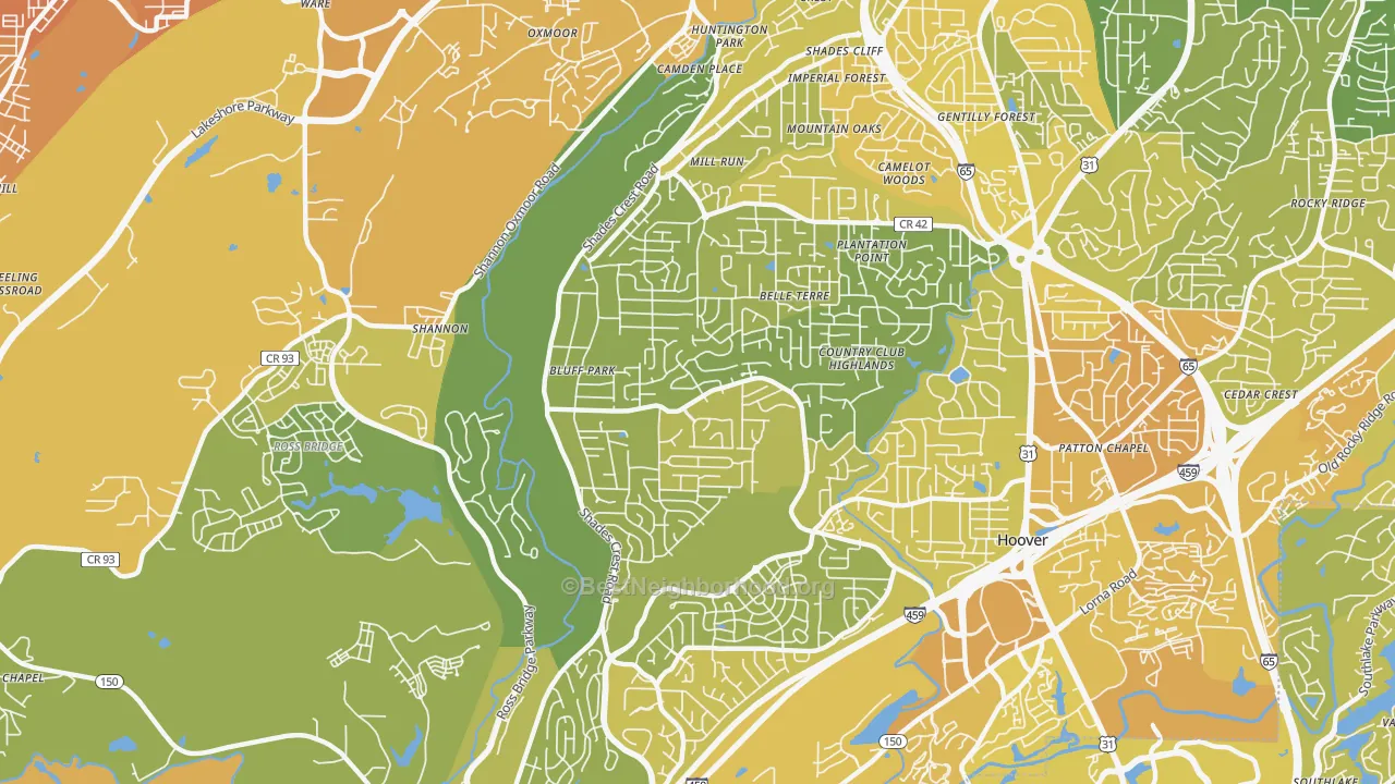 Map of the best neighborhoods in the 35226 area, with better matches in green and worse matches in red