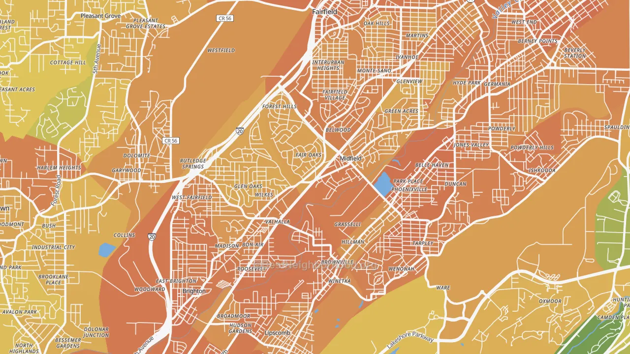 Map of the best neighborhoods in the 35228 area, with better matches in green and worse matches in red