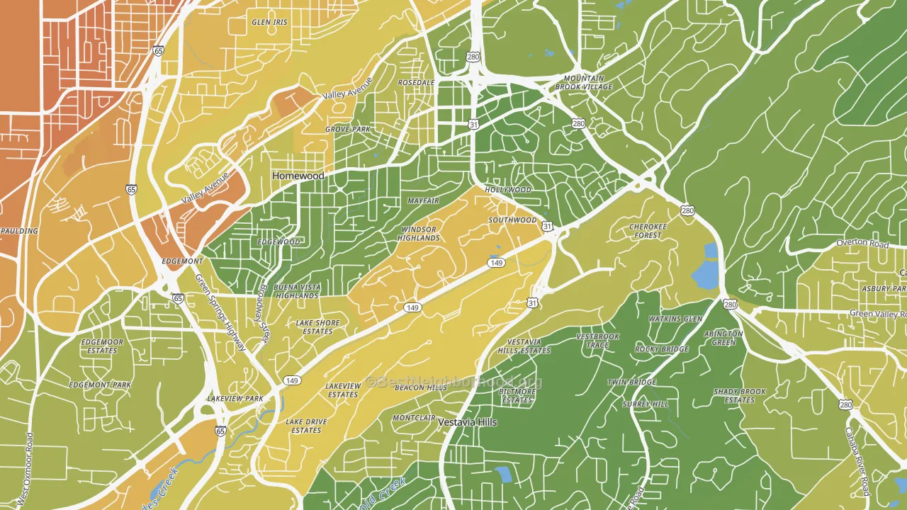 Map of the best neighborhoods in the 35229 area, with better matches in green and worse matches in red