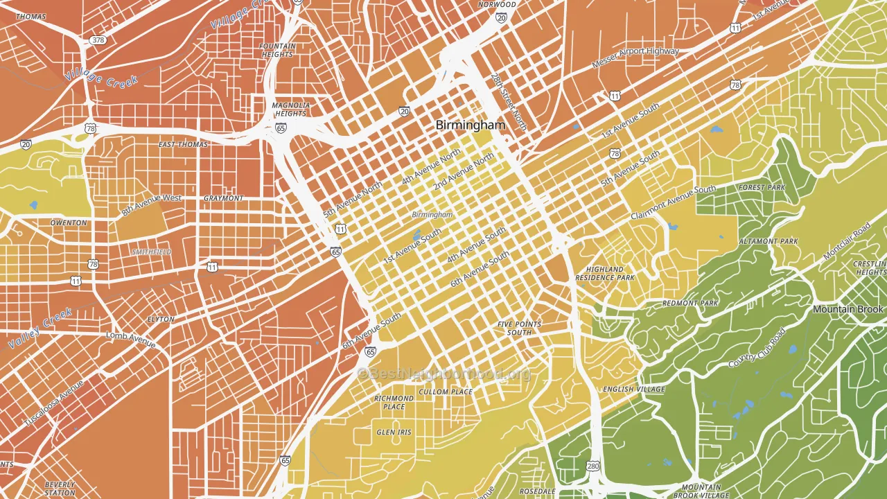 Map of the best neighborhoods in the 35233 area, with better matches in green and worse matches in red