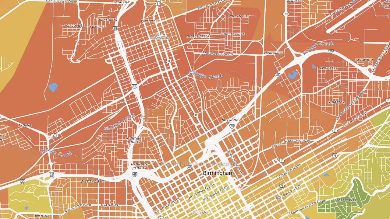 Map of the best neighborhoods in the 35234 area, with better matches in green and worse matches in red