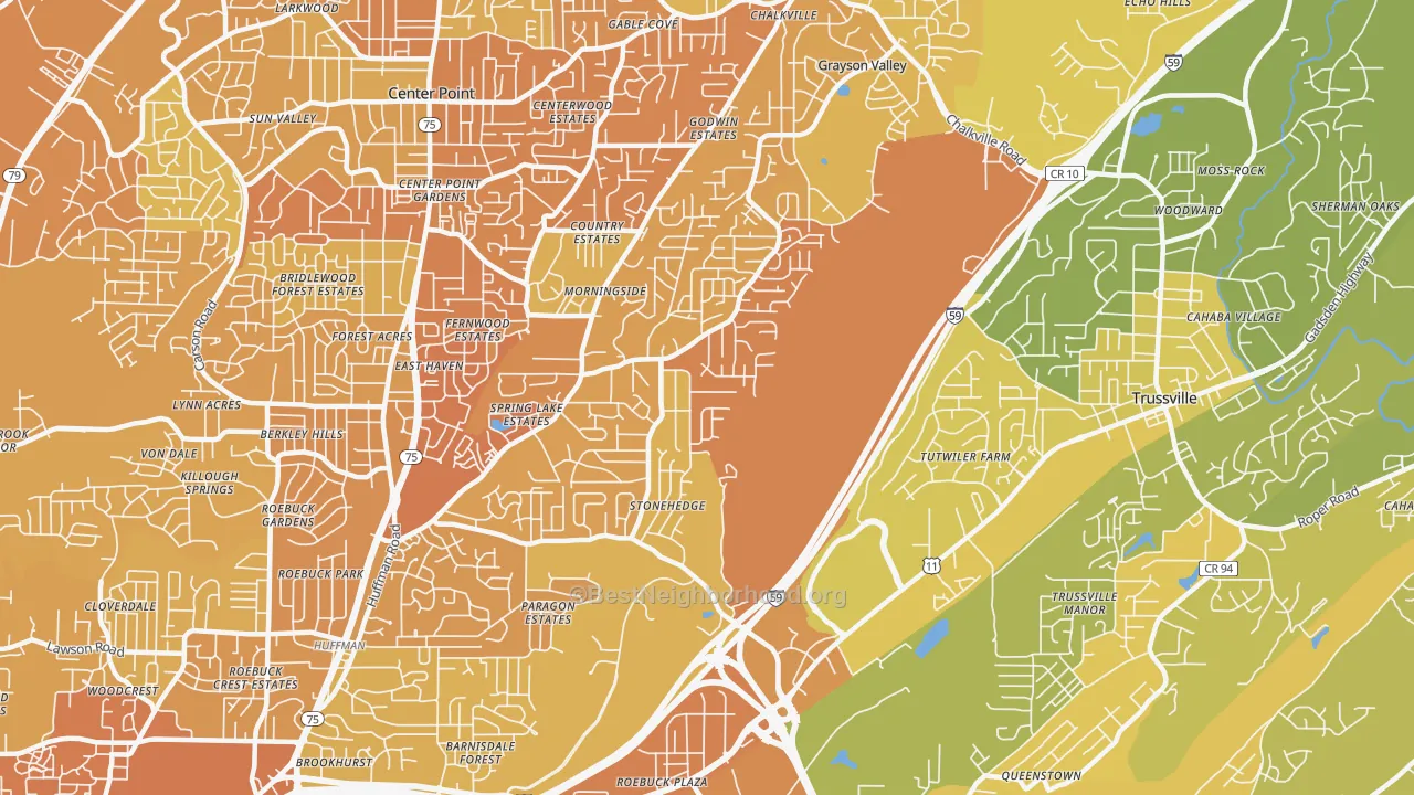 Map of the best neighborhoods in the 35235 area, with better matches in green and worse matches in red
