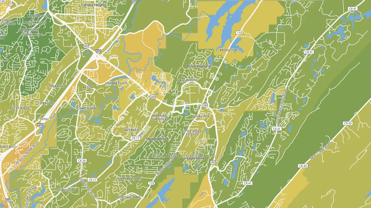 Map of the best neighborhoods in the 35242 area, with better matches in green and worse matches in red
