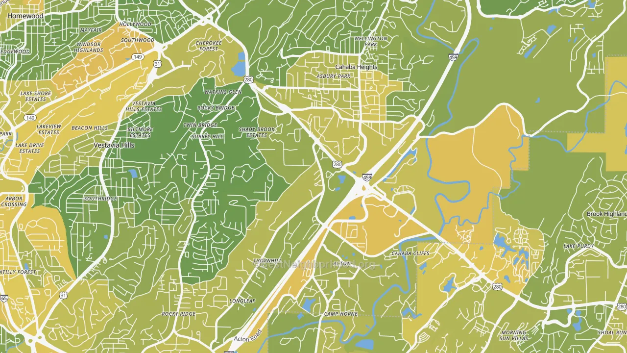 Map of the best neighborhoods in the 35243 area, with better matches in green and worse matches in red