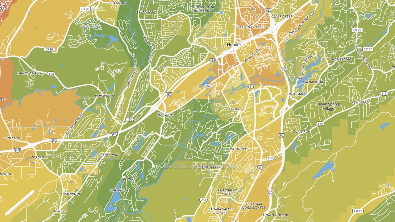 Map of the best neighborhoods in the 35244 area, with better matches in green and worse matches in red