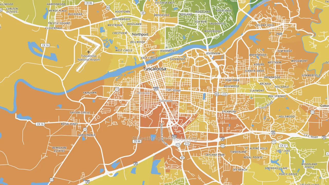 Map of the best neighborhoods in the 35401 area, with better matches in green and worse matches in red