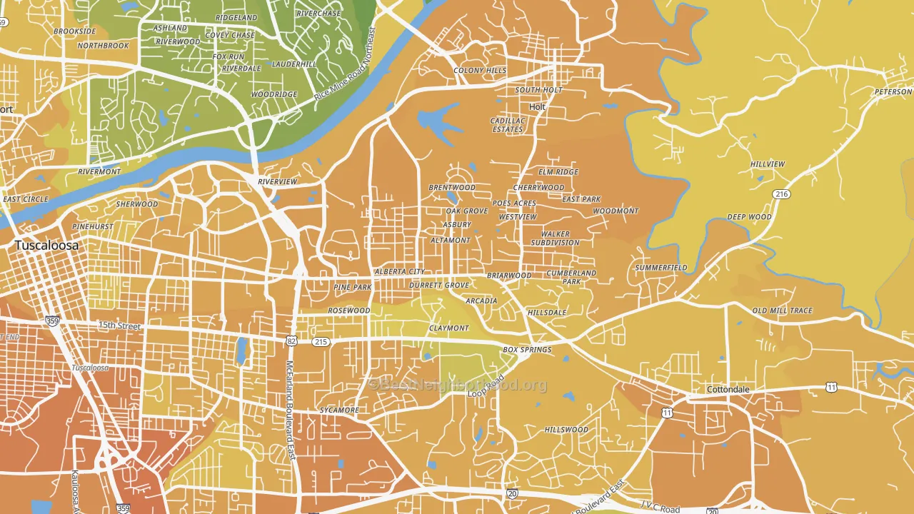 Map of the best neighborhoods in the 35404 area, with better matches in green and worse matches in red