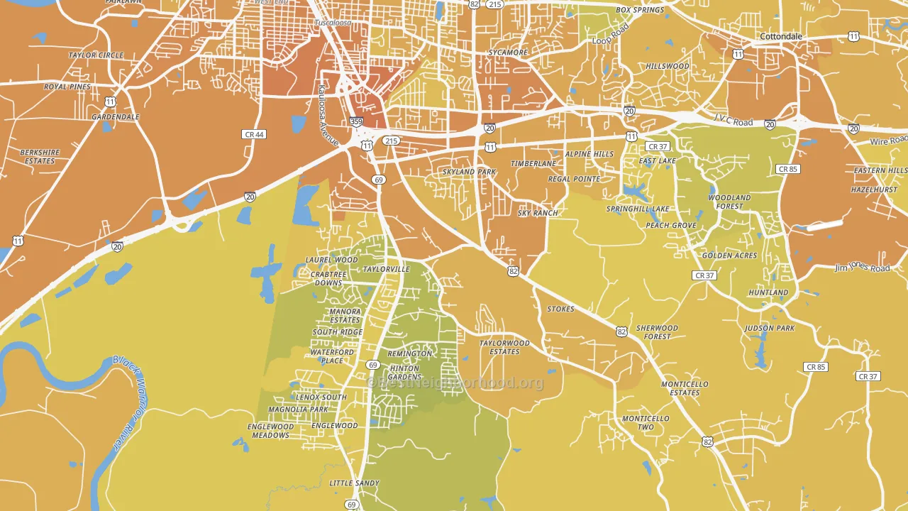 Map of the best neighborhoods in the 35405 area, with better matches in green and worse matches in red