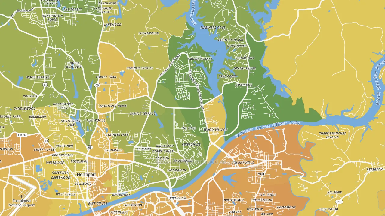 Map of the best neighborhoods in the 35406 area, with better matches in green and worse matches in red