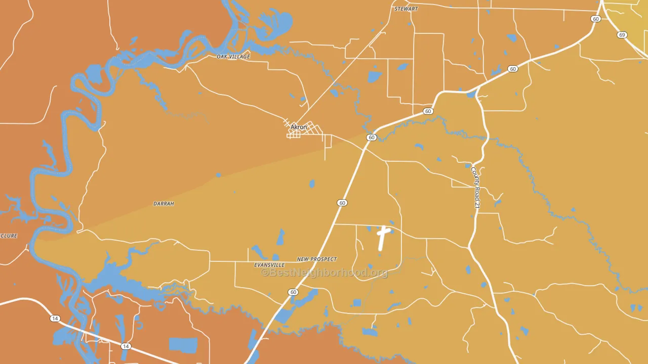 Map of the best neighborhoods in the 35441 area, with better matches in green and worse matches in red