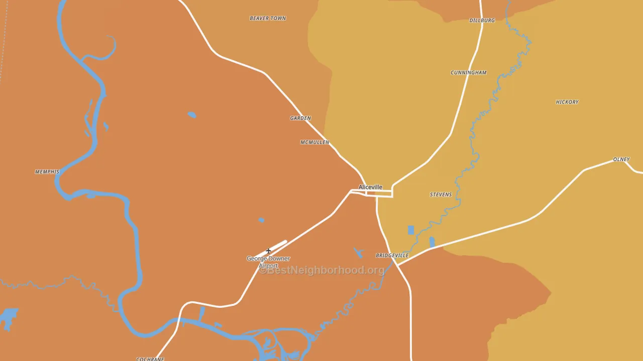 Map of the best neighborhoods in the 35442 area, with better matches in green and worse matches in red