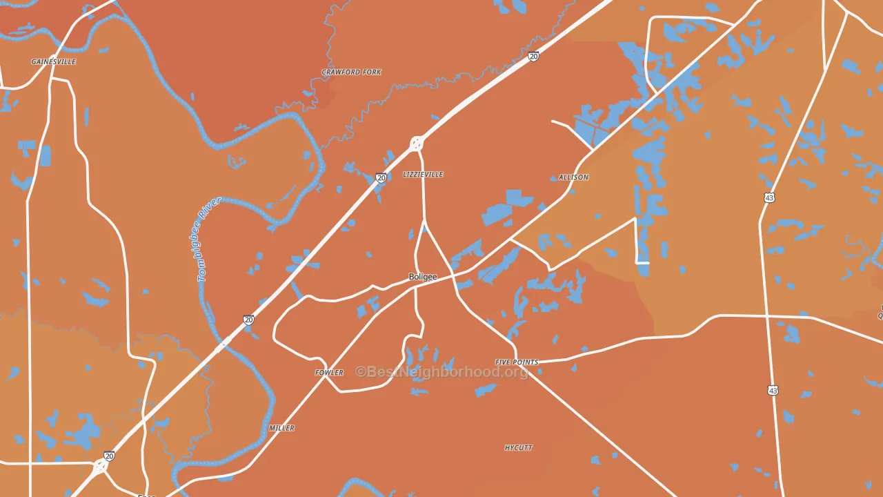 Map of the best neighborhoods in the 35443 area, with better matches in green and worse matches in red