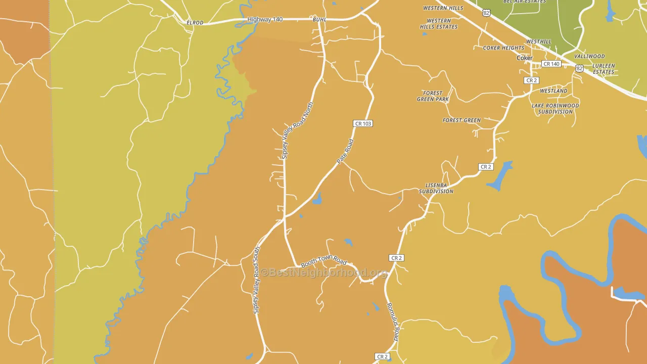 Map of the best neighborhoods in the 35446 area, with better matches in green and worse matches in red