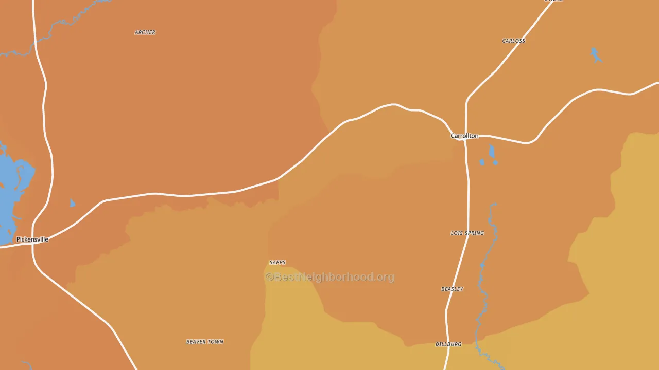 Map of the best neighborhoods in the 35447 area, with better matches in green and worse matches in red