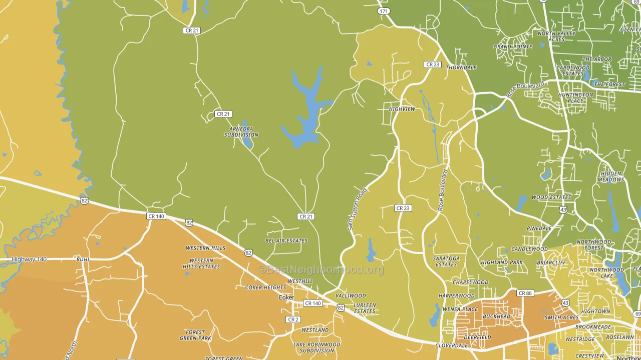 Map of the best neighborhoods in the 35452 area, with better matches in green and worse matches in red