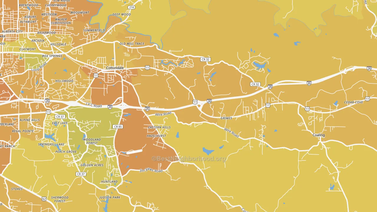 Map of the best neighborhoods in the 35453 area, with better matches in green and worse matches in red