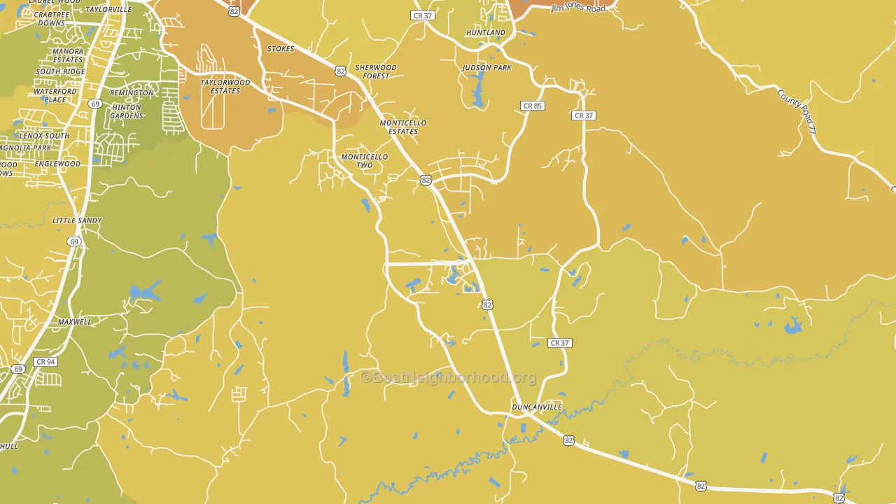 Map of the best neighborhoods in the 35456 area, with better matches in green and worse matches in red