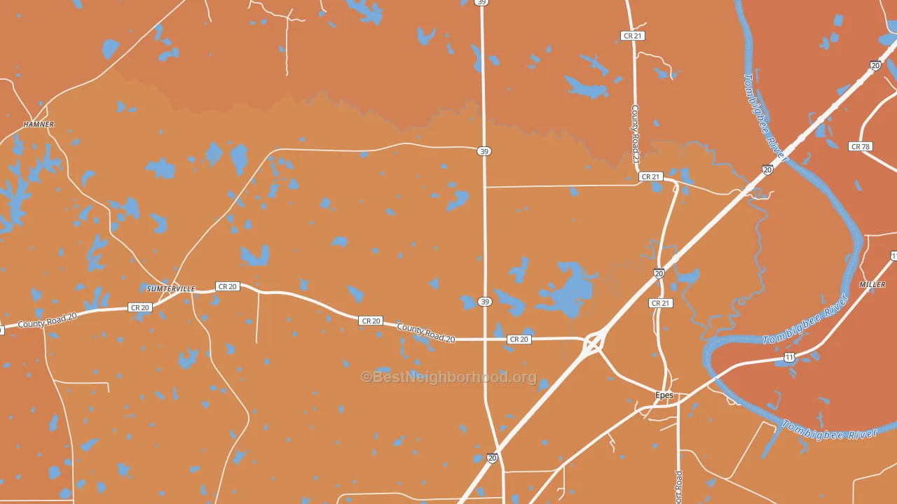 Map of the best neighborhoods in the 35460 area, with better matches in green and worse matches in red
